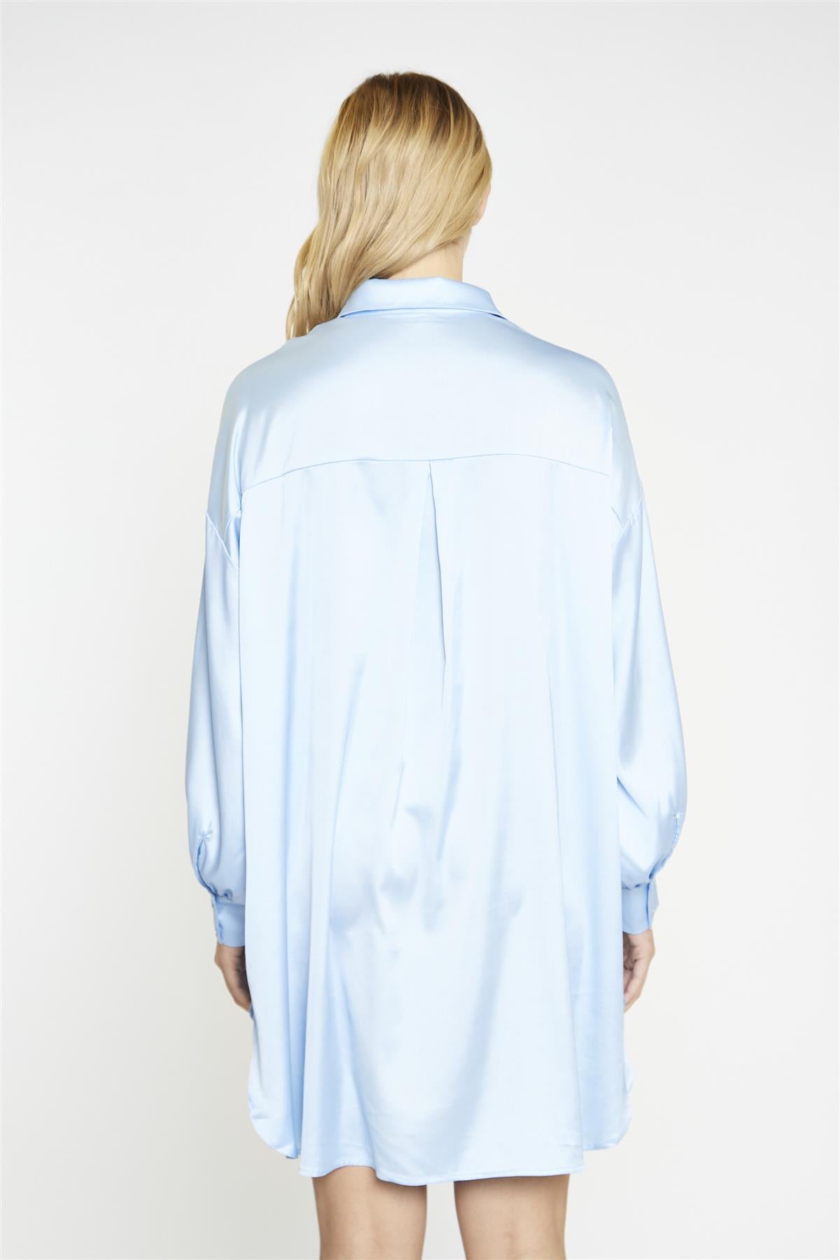 Pale-Blue Satin Shirt-Dress