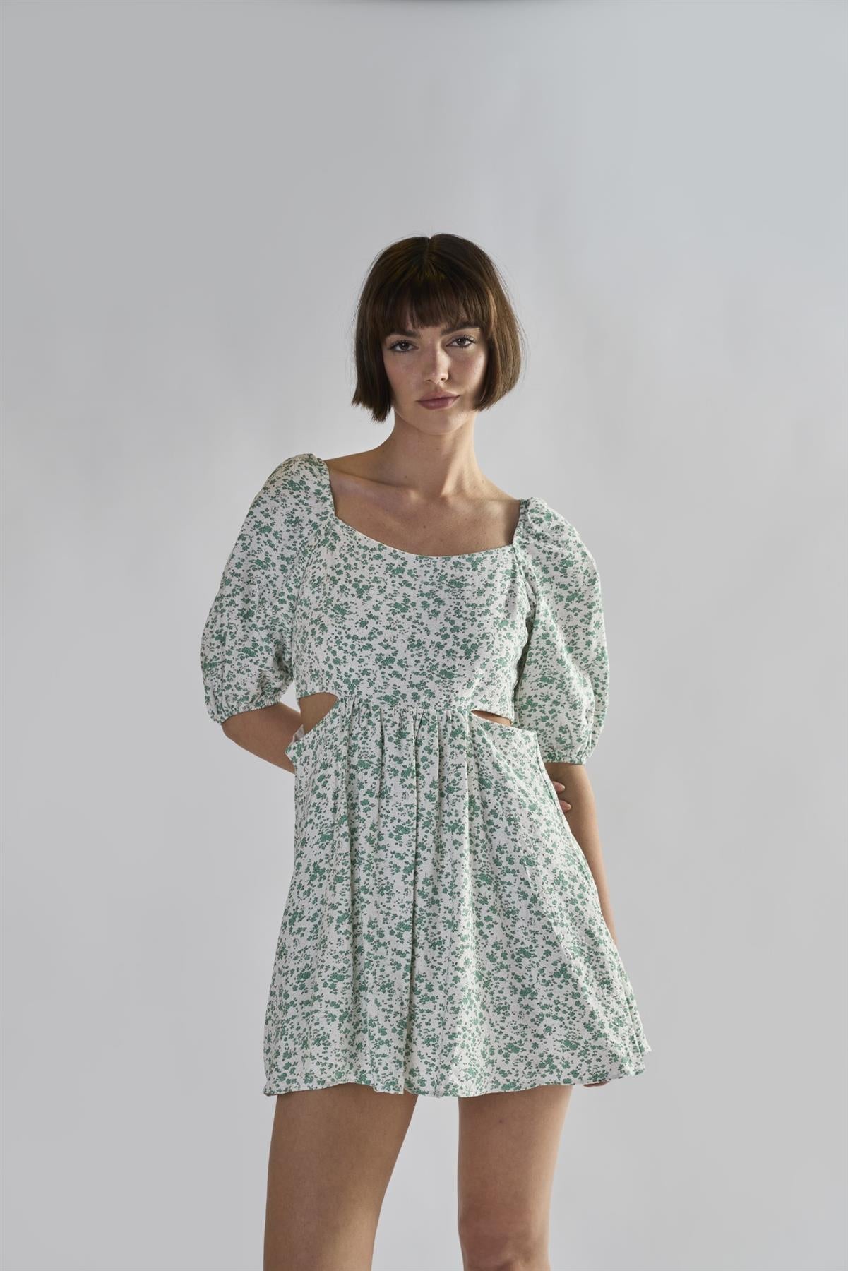Green Ditsy Tie Back Square Neck Mini Dresses