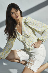 Yellow Vintage daisy V-Neck Button Front Blouse