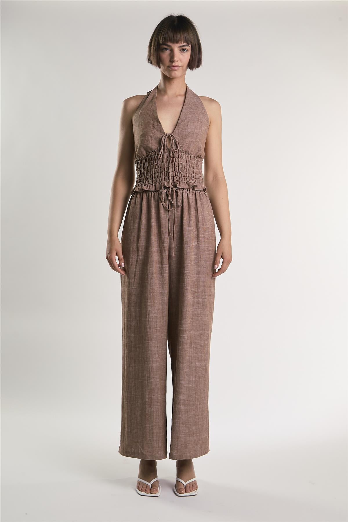 Mid Brown Fleck Smocked Halter Top