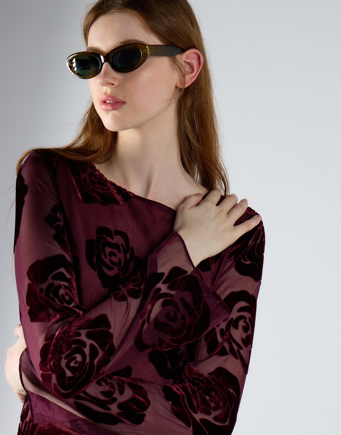 Burgundy Devore Rose Sheer Midi Dress