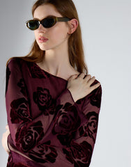 Burgundy Devore Rose Sheer Midi Dress