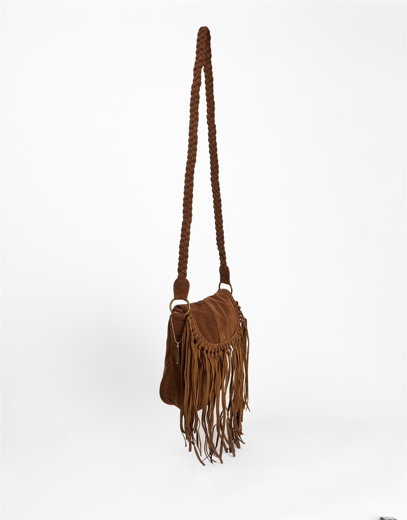 Tan Braided Fringe Saddle Bag
