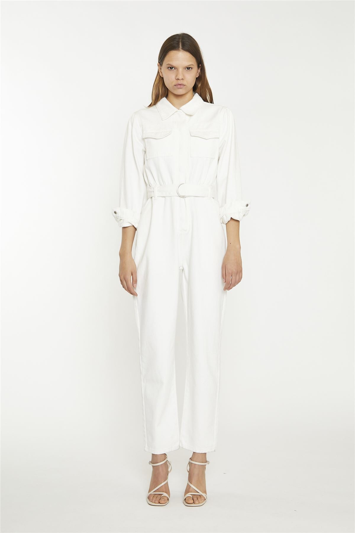 Off White Belted Denim Jumpsuit