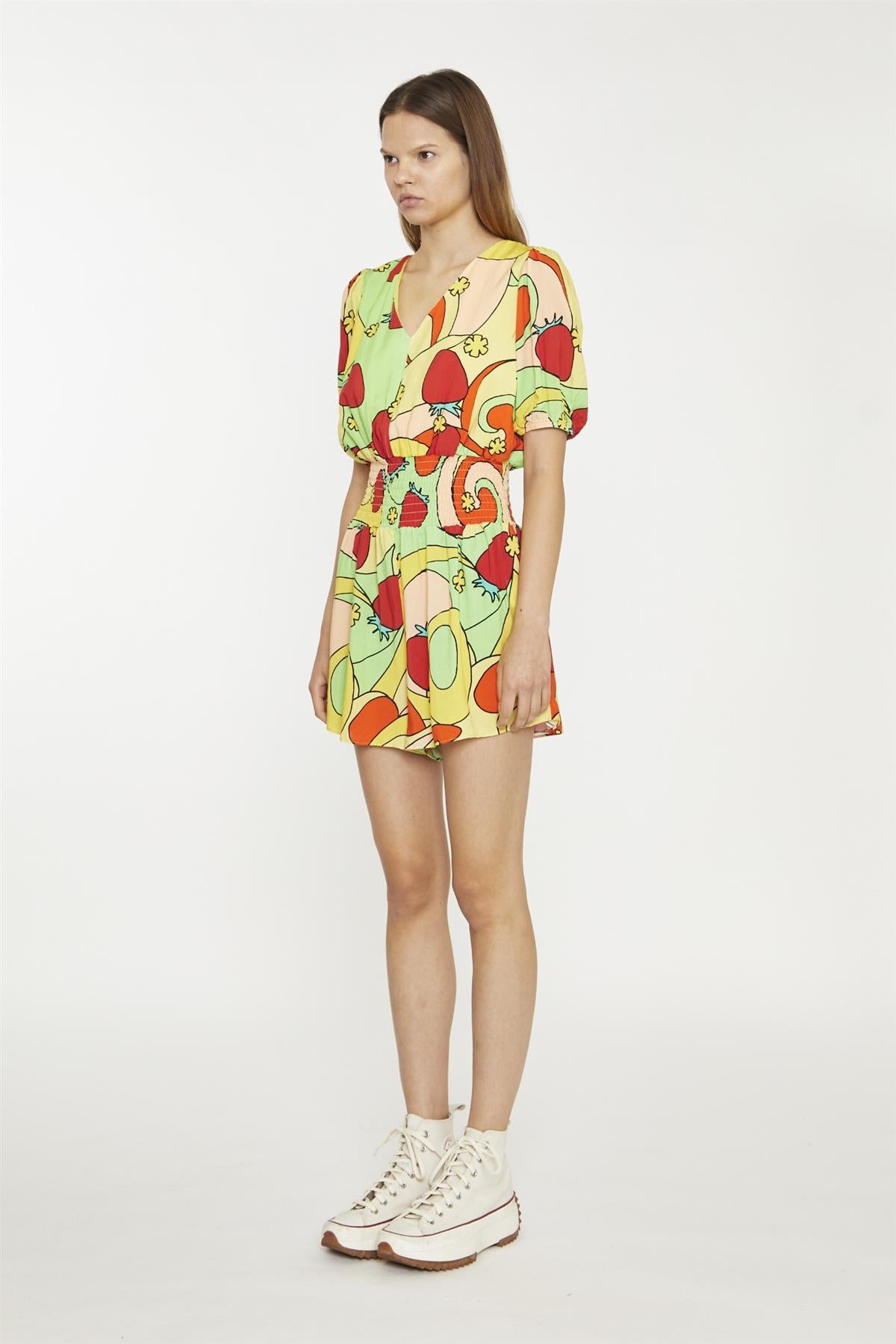 Orange-Swirl Strawberry Shirred Waist Loose-Playsuit