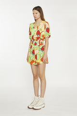 Orange-Swirl Strawberry Shirred Waist Loose-Playsuit
