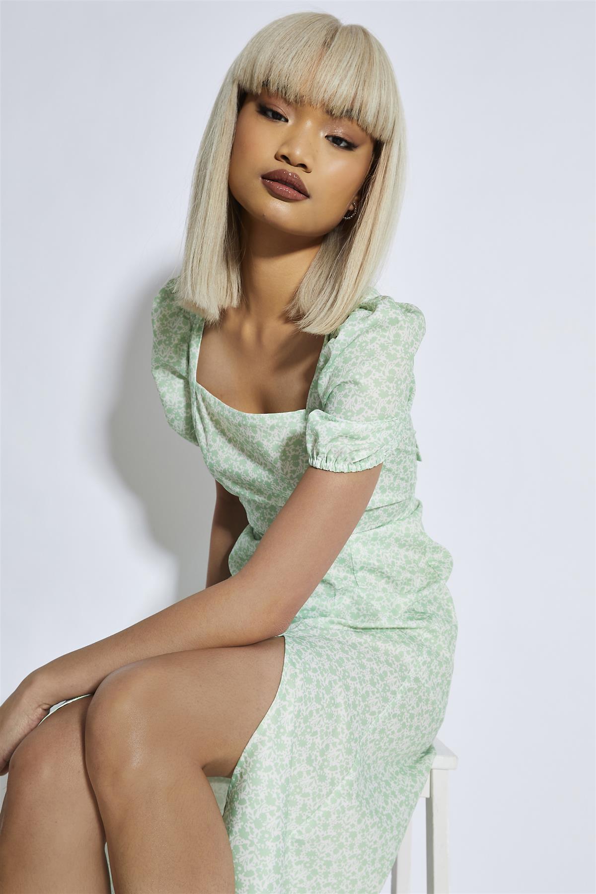 White Mint Ditsy Side Split Puff Shoulder Midi Dress