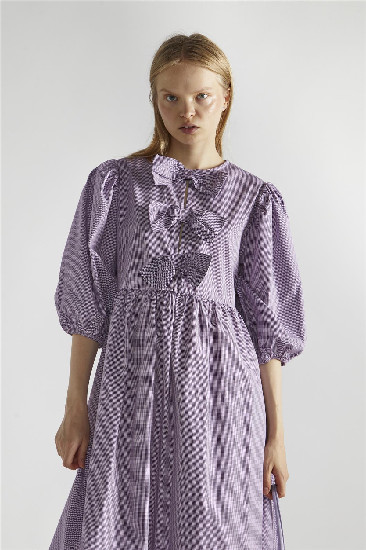 Purple Gingham Bow Detail Midi-Dress