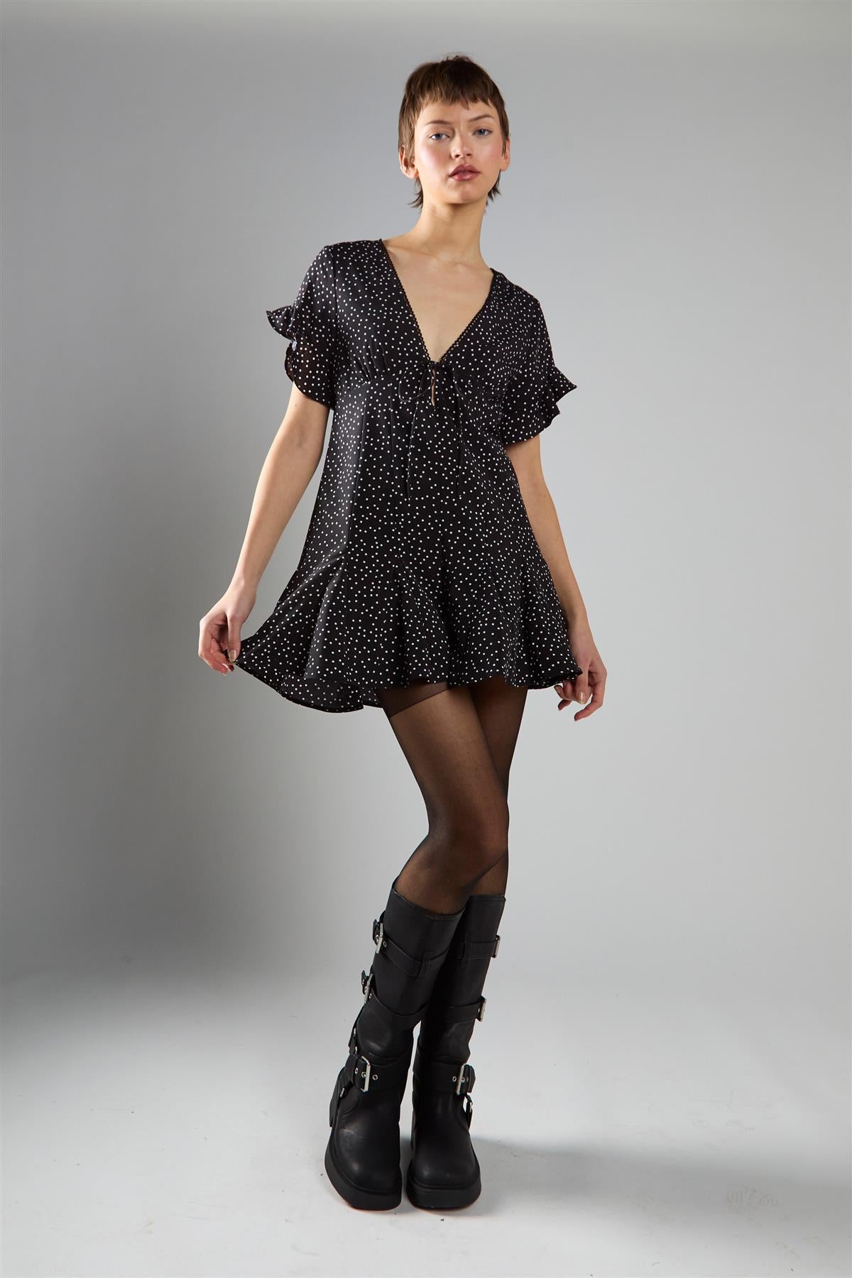 V-Neck Playsuit - Black Polka Dot