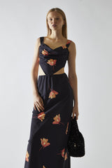 Black-Orange Flower Hanky-Hem Tie-Back Crop-Top