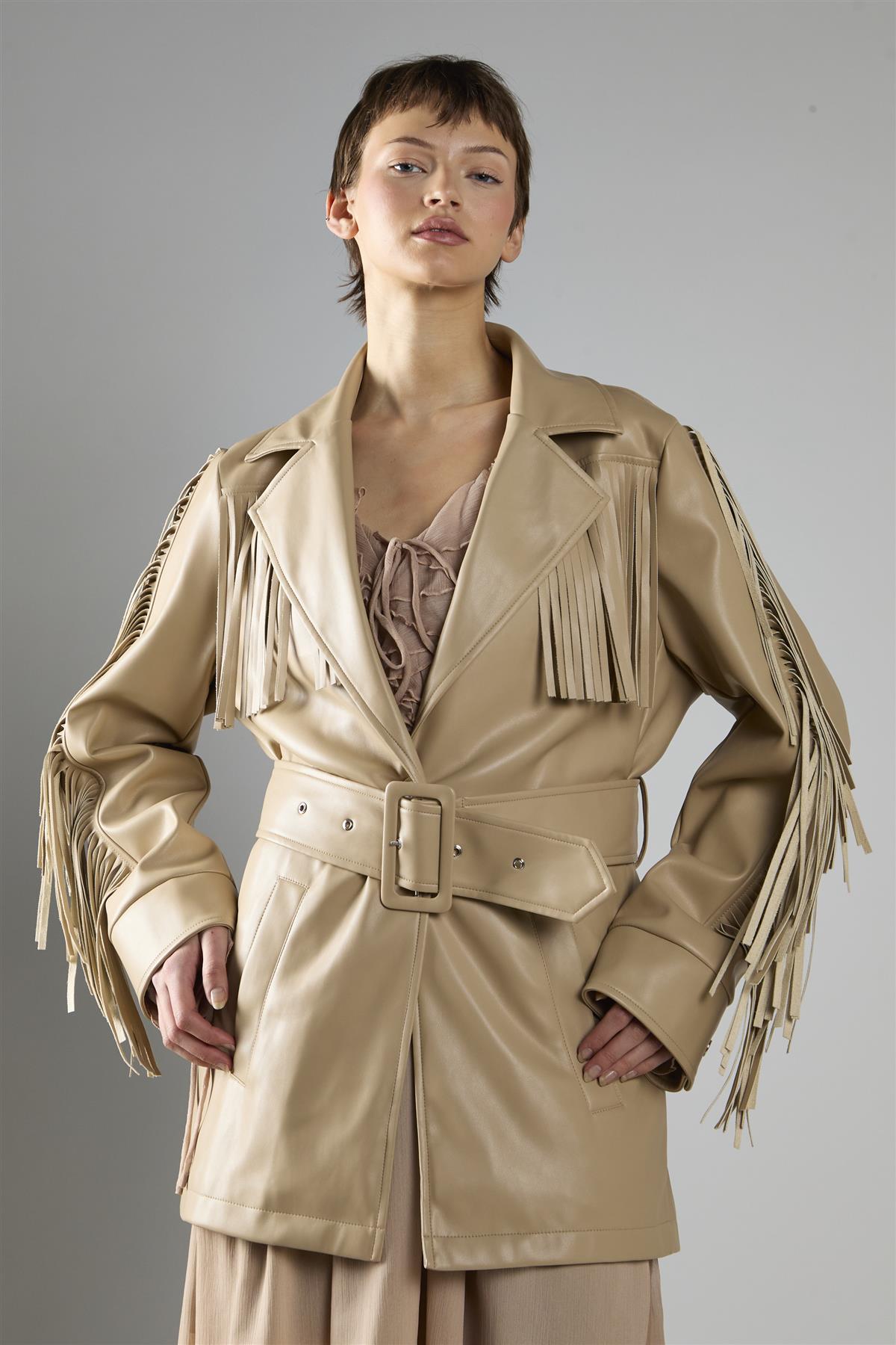 Sand Pu Belted Fringe Longline Jacket