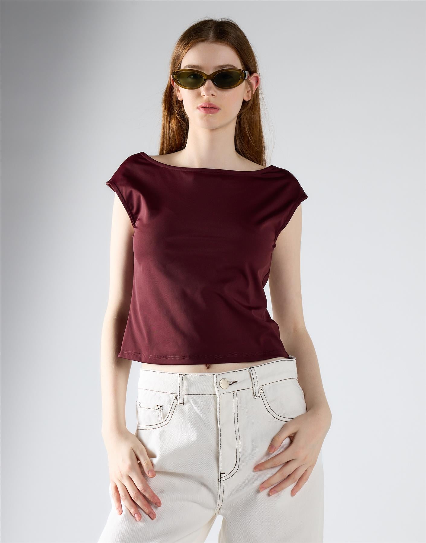 Burgundy Open Square Back Cap-Sleeve Top