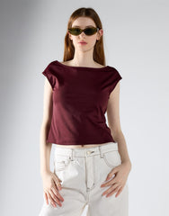 Burgundy Open Square Back Cap-Sleeve Top