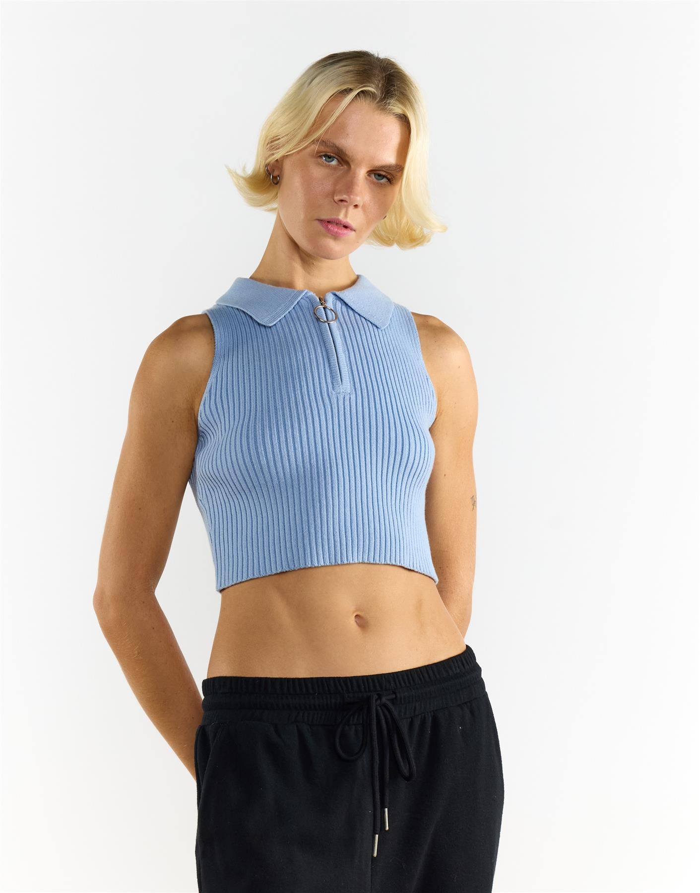 Knitted Light Blue Half Zip Sleeveless Crop Top