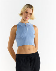 Knitted Light Blue Half Zip Sleeveless Crop Top