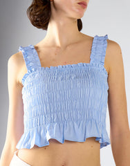 Ruched Frill Crop Top - Light Blue