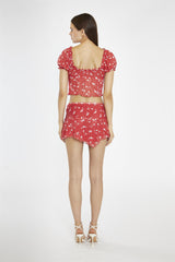 Red Vintage-Floral Milkmaid Crop-Top
