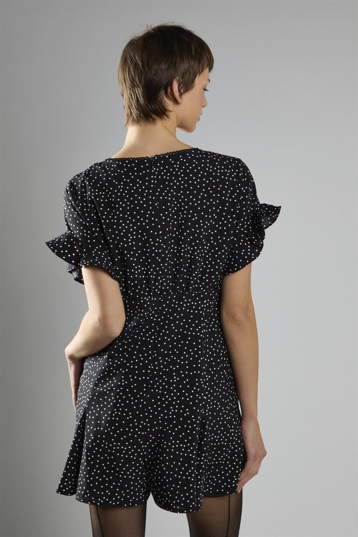 V-Neck Playsuit - Black Polka Dot