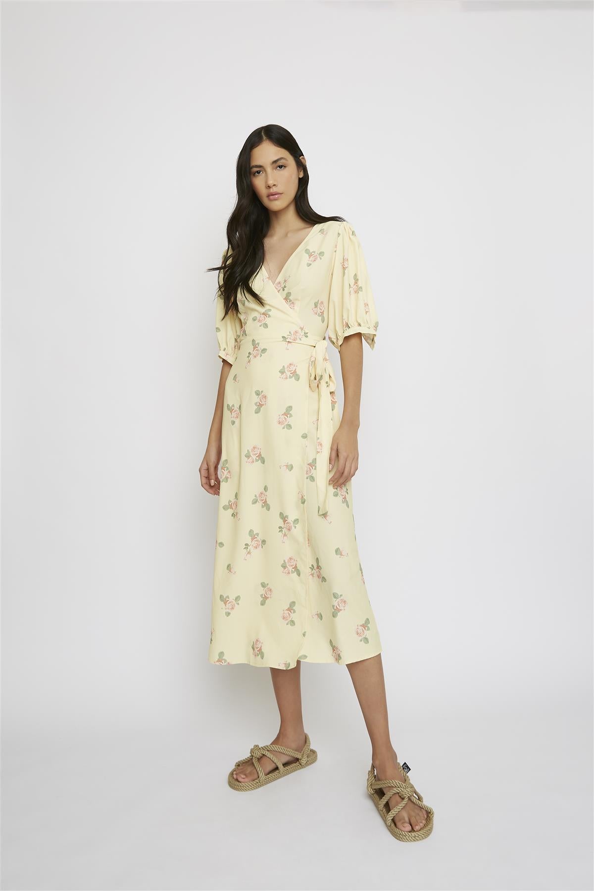Yellow-Pink-Rose V-Neck-Wrap Midi-Dress