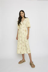 Yellow-Pink-Rose V-Neck-Wrap Midi-Dress