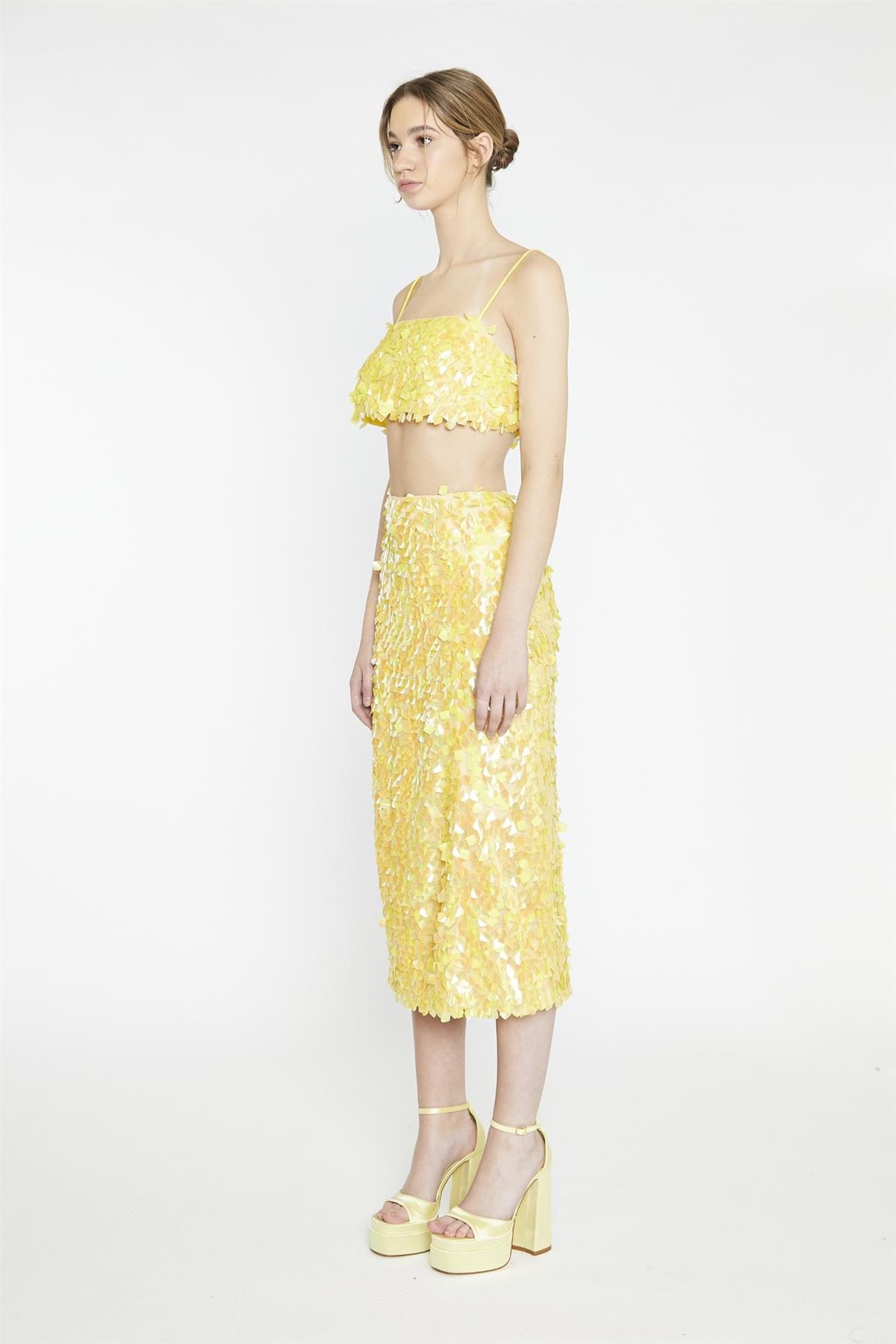 Yellow-Square-Sequin Spaghetti-Strap Crop-Top