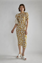 Yellow-Floral-Black-Dot Short-Sleeve Midi-Dress