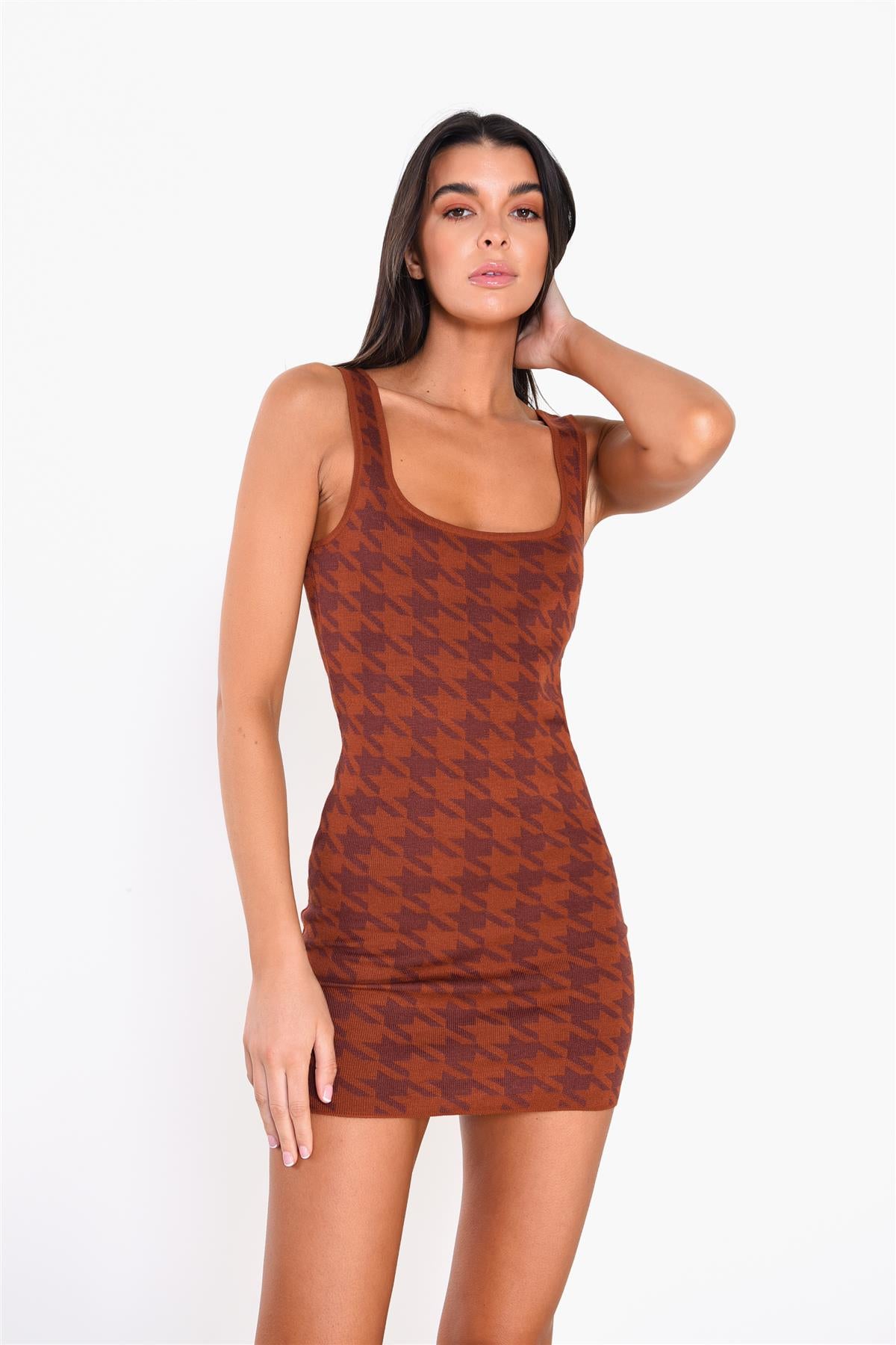 Rust Check Houndstooth Print Mini Dress