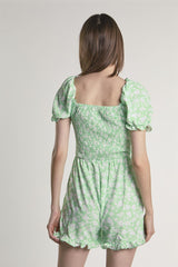 Green-Floral Square-Neck Short Sleeve-Playsuit