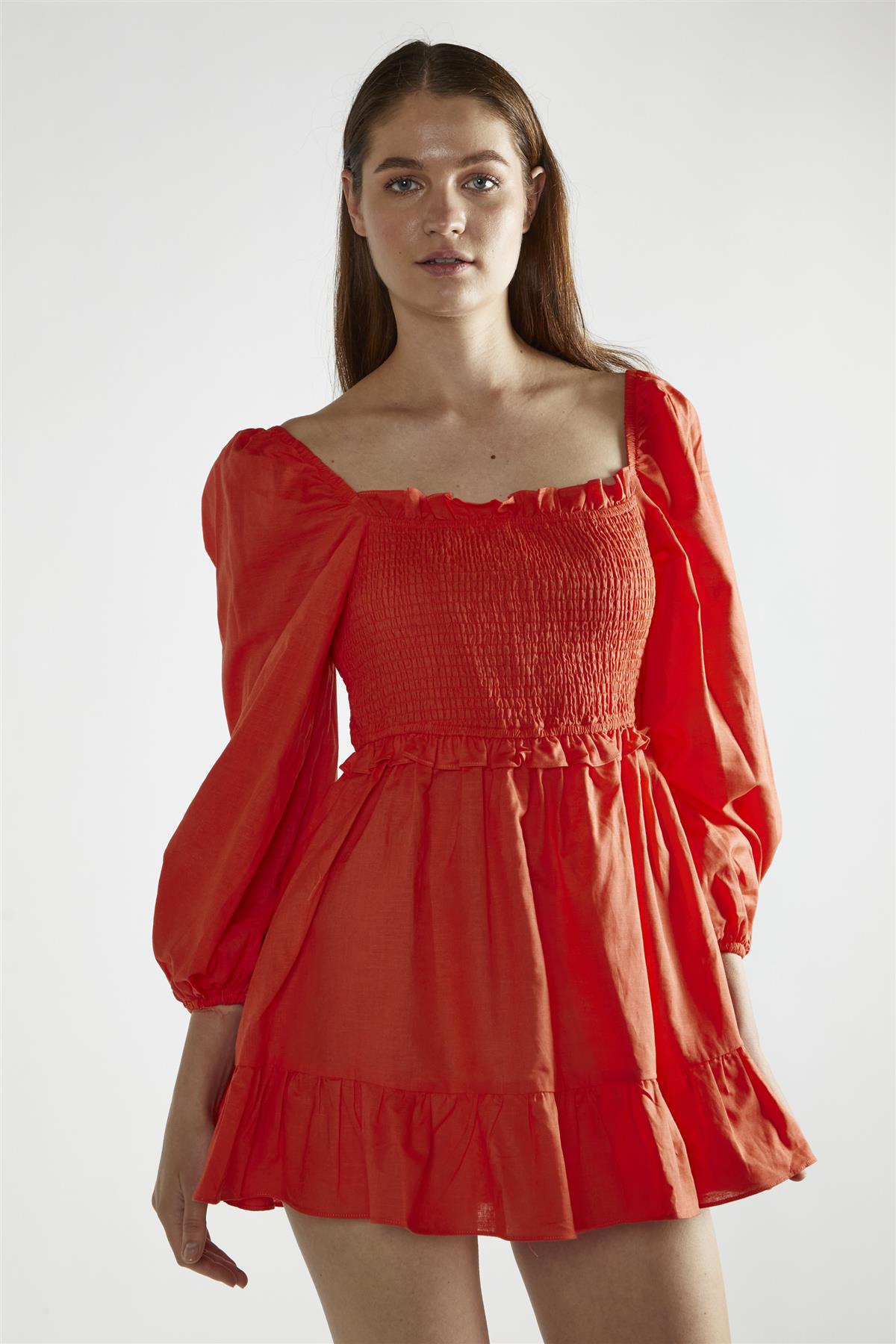Coral Square-Neck Mini-Dress