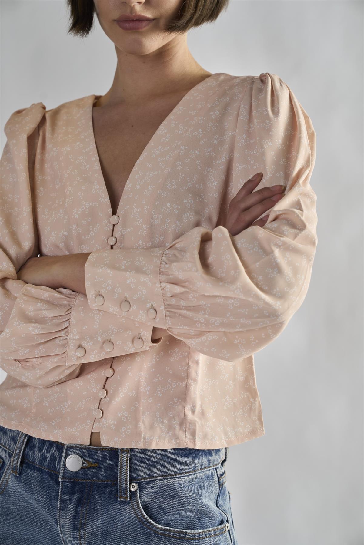 Peach-Ditsy V-Neck-Button-Up Tops