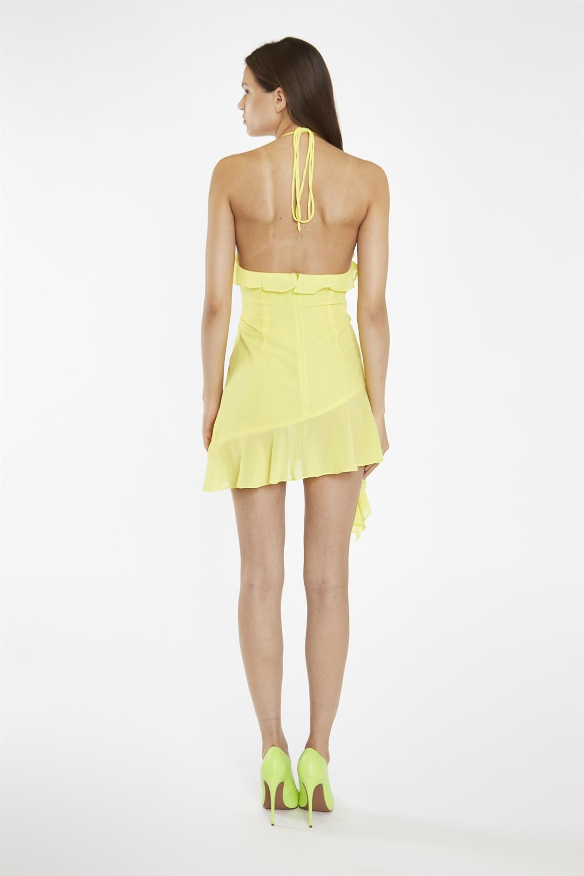 Neon-Yellow Ruffle Halterneck Mini-Dress