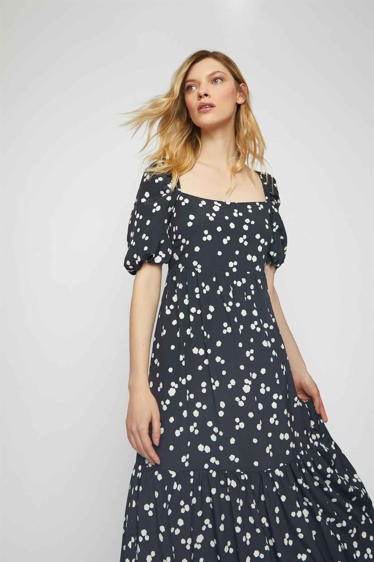 Black-White Splodge Tie-Back Smock Midi-Dress