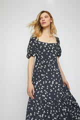 Black-White Splodge Tie-Back Smock Midi-Dress