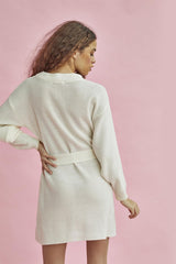 True-Ecru Knitted Mini Dress with Tie Belt