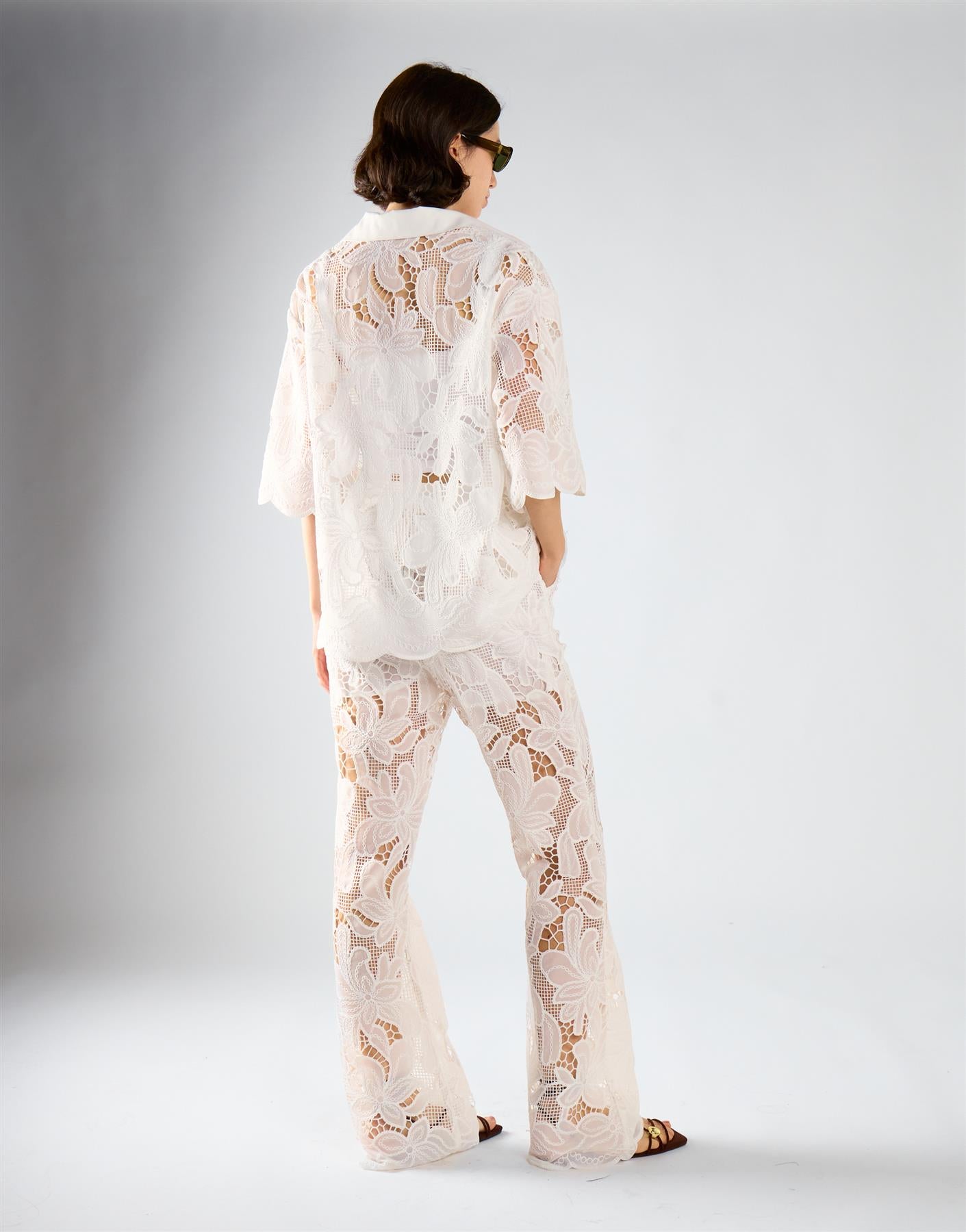 White Embroidered Flared High Waisted Trousers