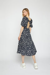 Black-White Splodge Tie-Back Smock Midi-Dress