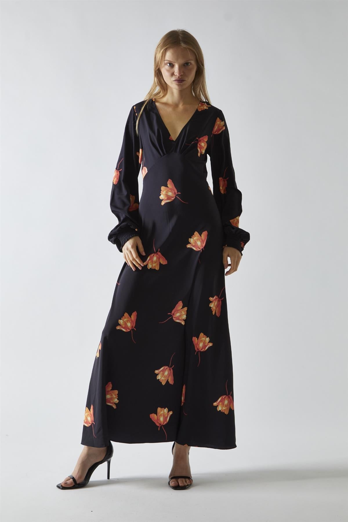 Black-Orange Flower V-neck Midi-Dress