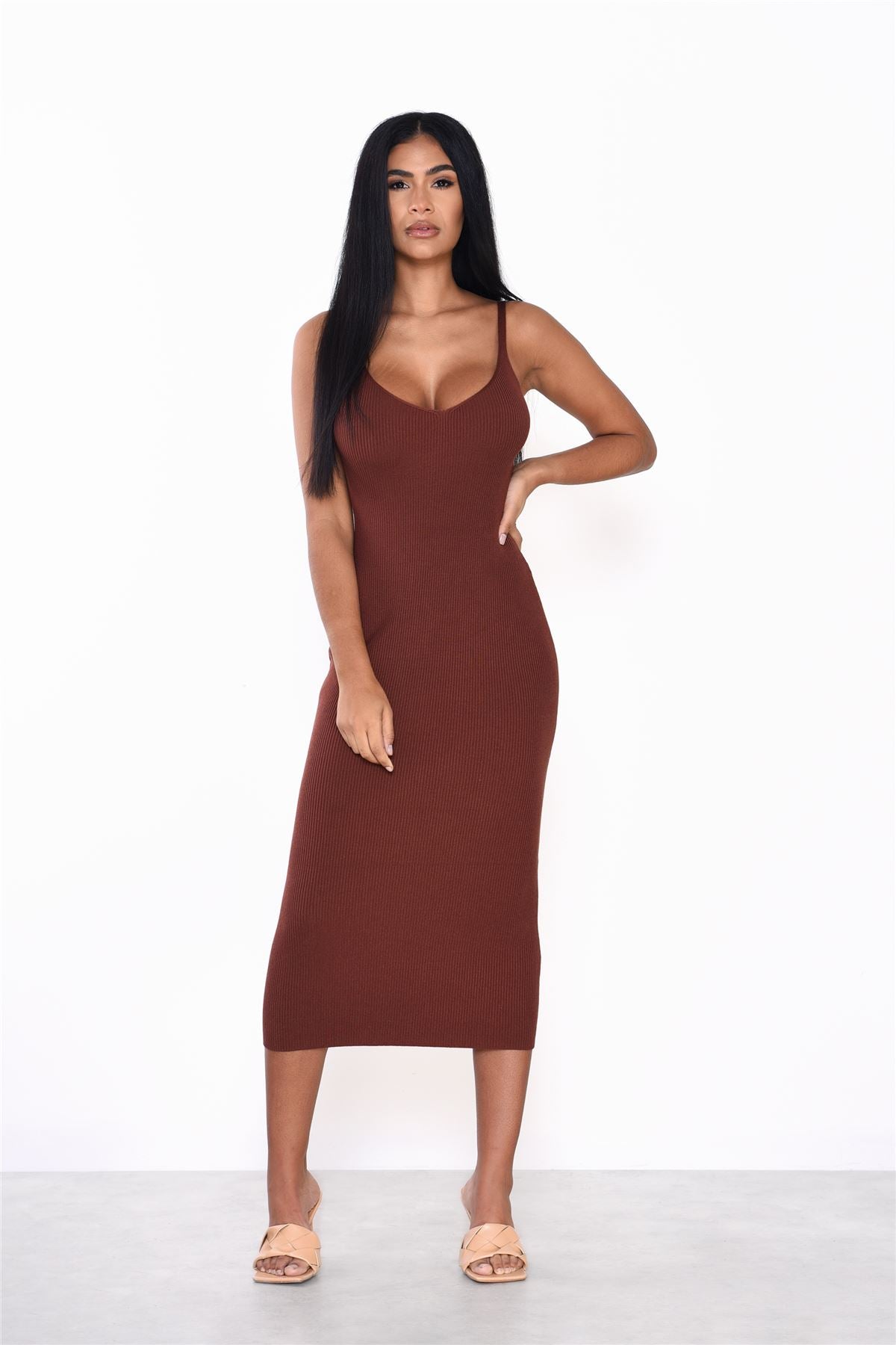 Reddish Brown Ribbed V-Neck Midi Dress