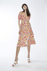 Bright-Floral Wrap Midi-Dress