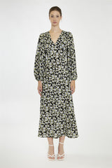 V neck Maxi Dress - Black Grey Flower