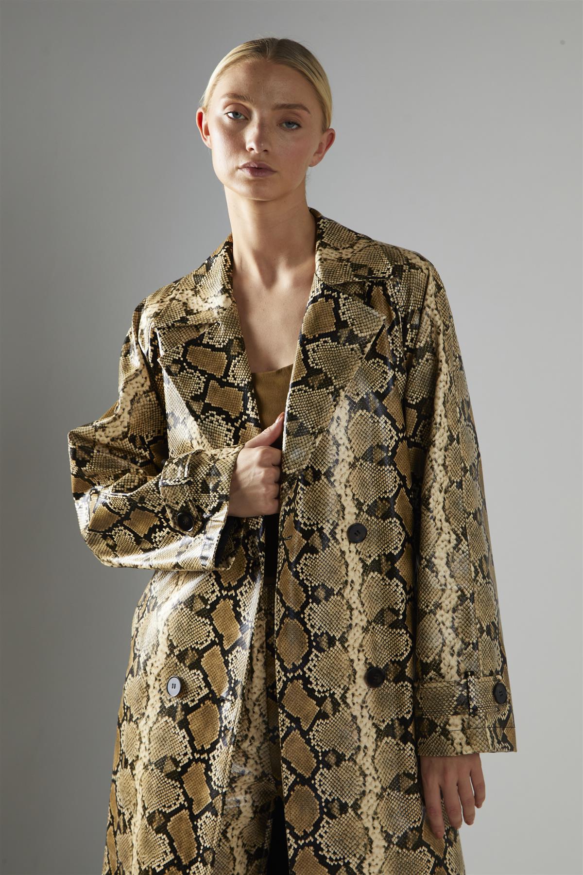 Beige-Snakeskin Double-Breasted Trench-Coat
