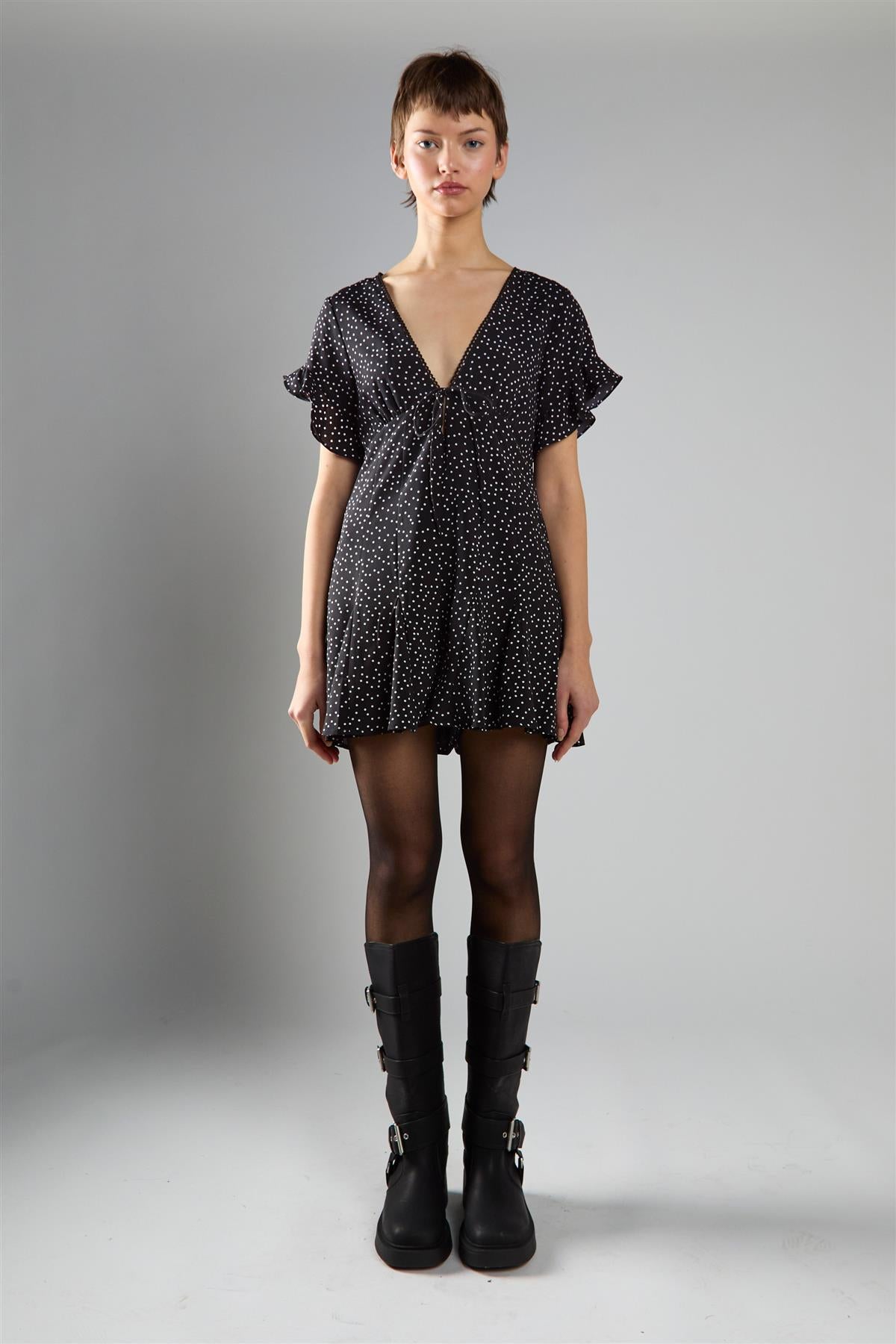 V-Neck Playsuit - Black Polka Dot