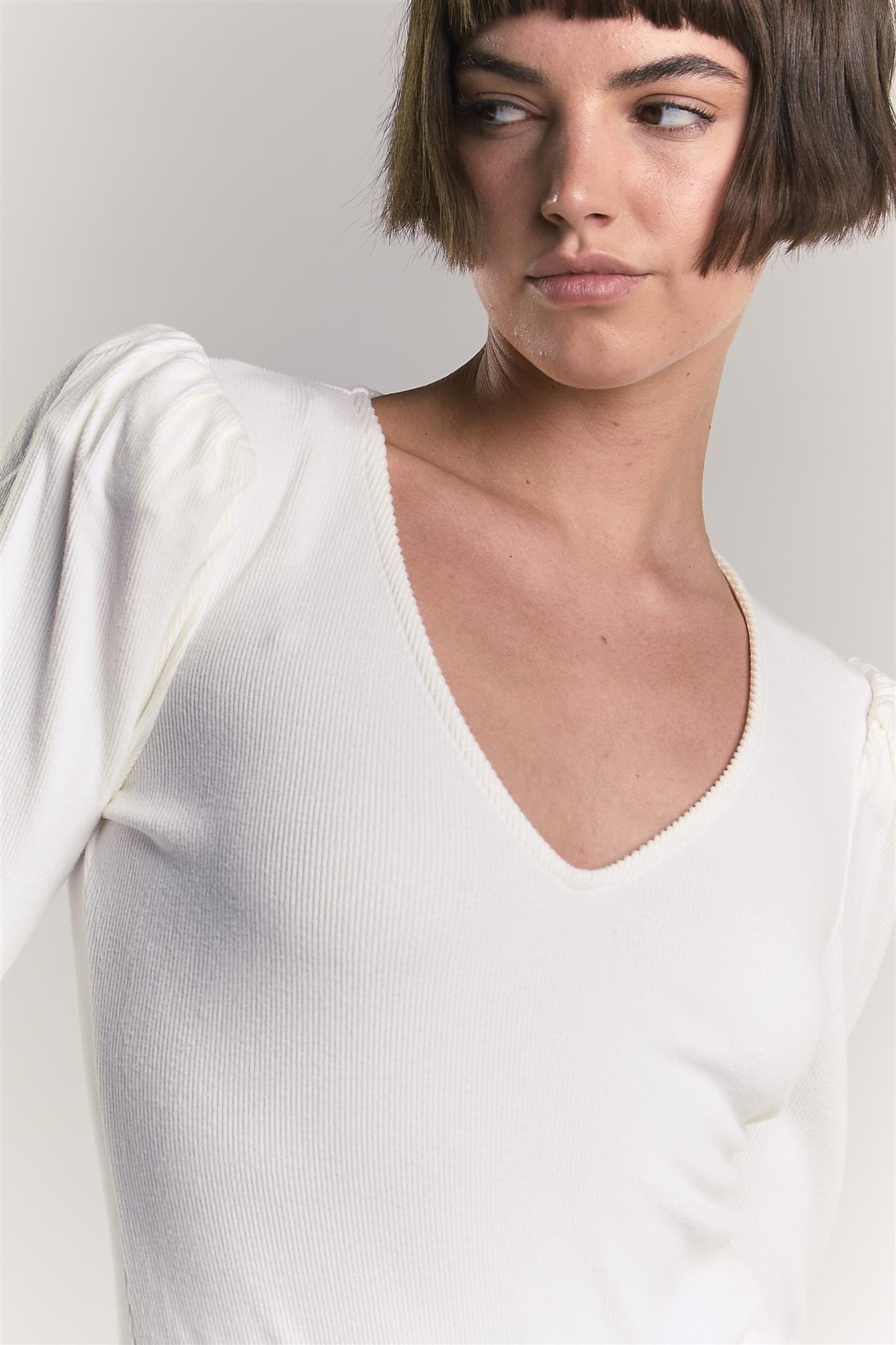 Off-White-Rib V-Neck Puff Shoulder-Bodysuit