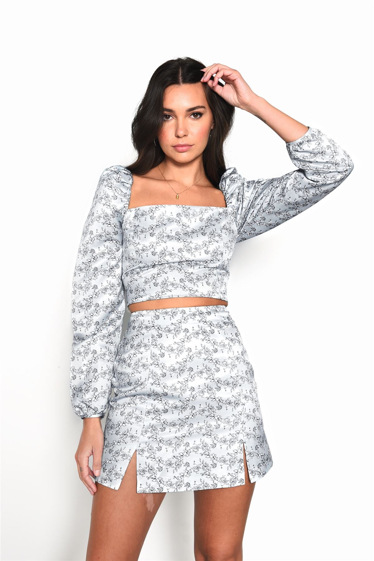 Mint Floral Mini Skirt with Front Splits