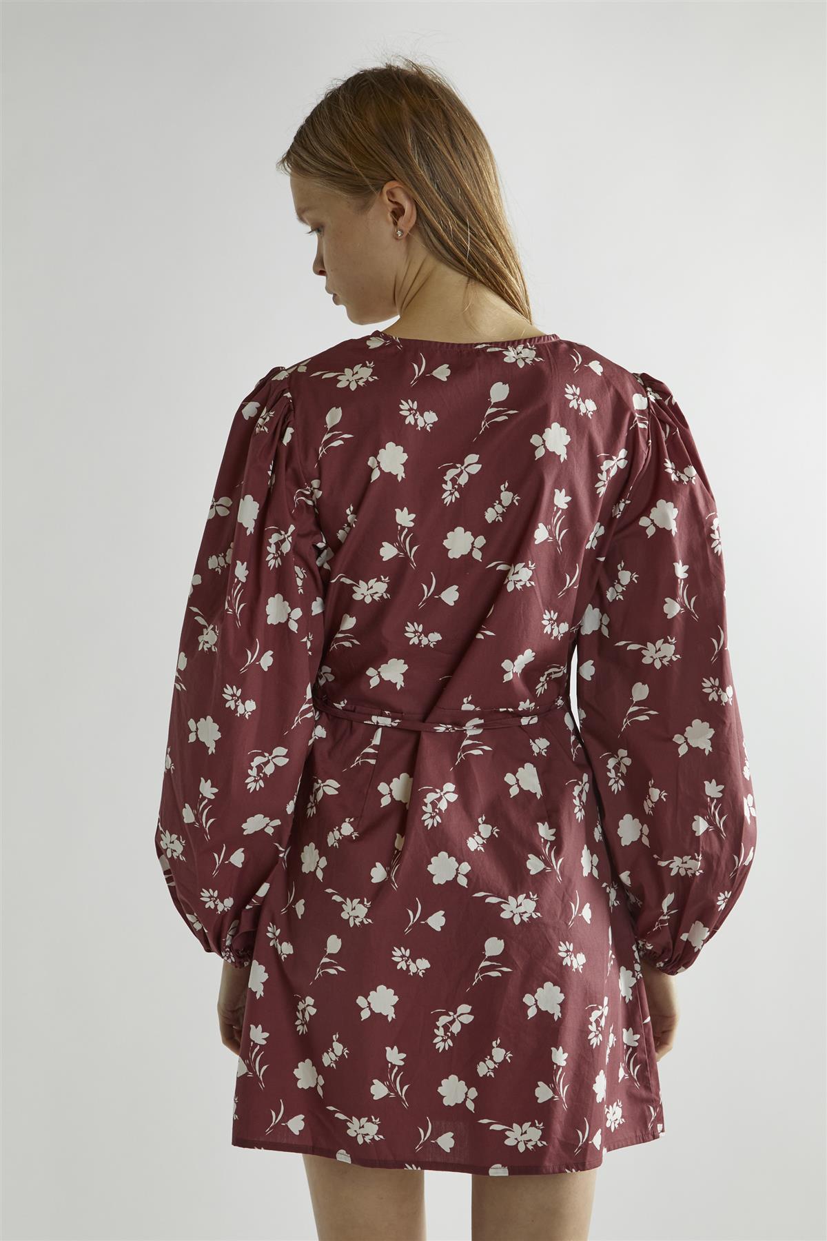 Burgundy-Floral Wrap Mini-Dress
