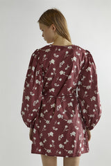 Burgundy-Floral Wrap Mini-Dress