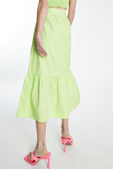 Fresh-Green Yoke-Waist Midi-Skirt