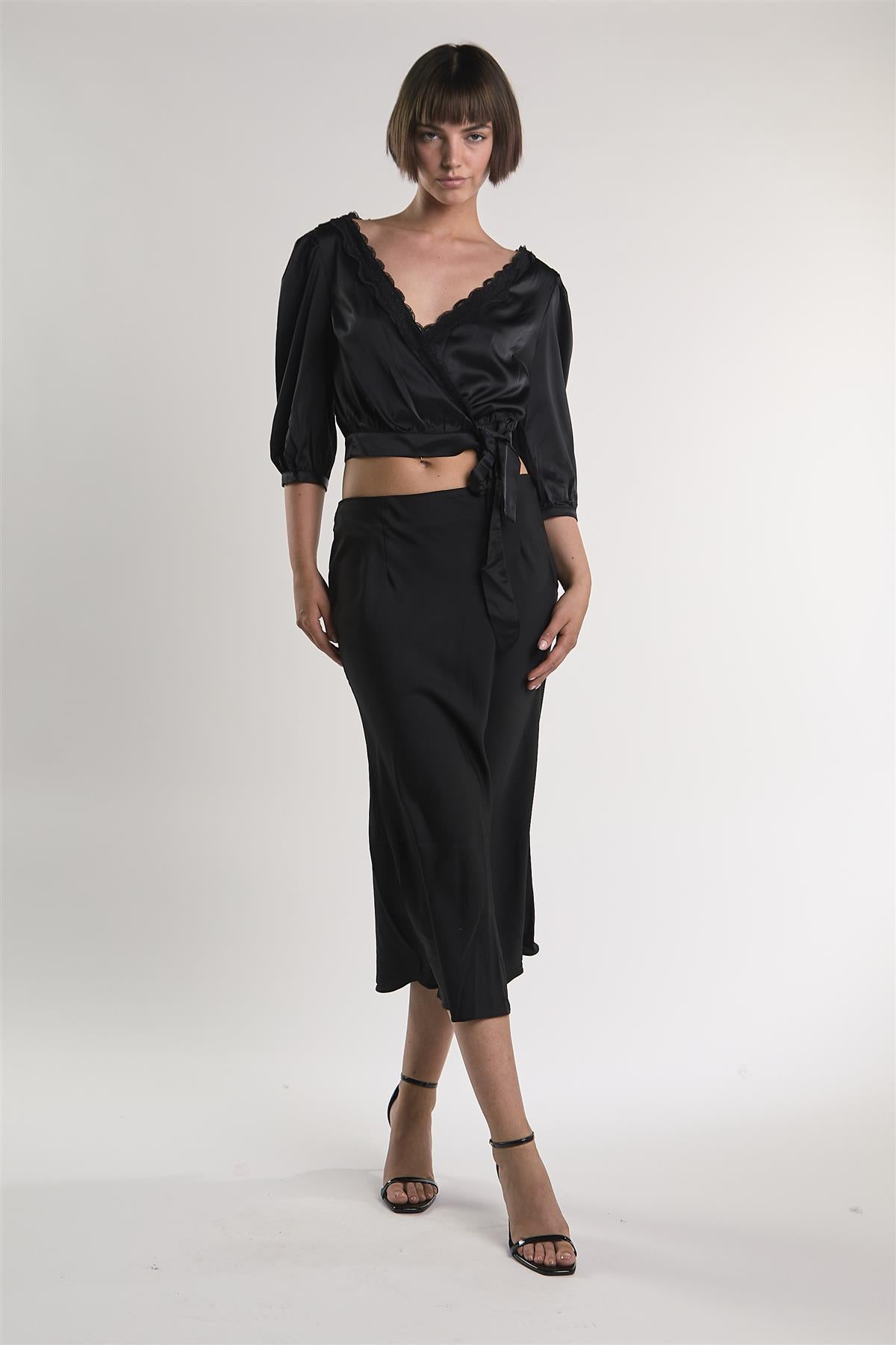 Black Satin Midi-Skirt