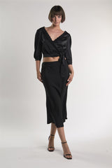Black Satin Midi-Skirt