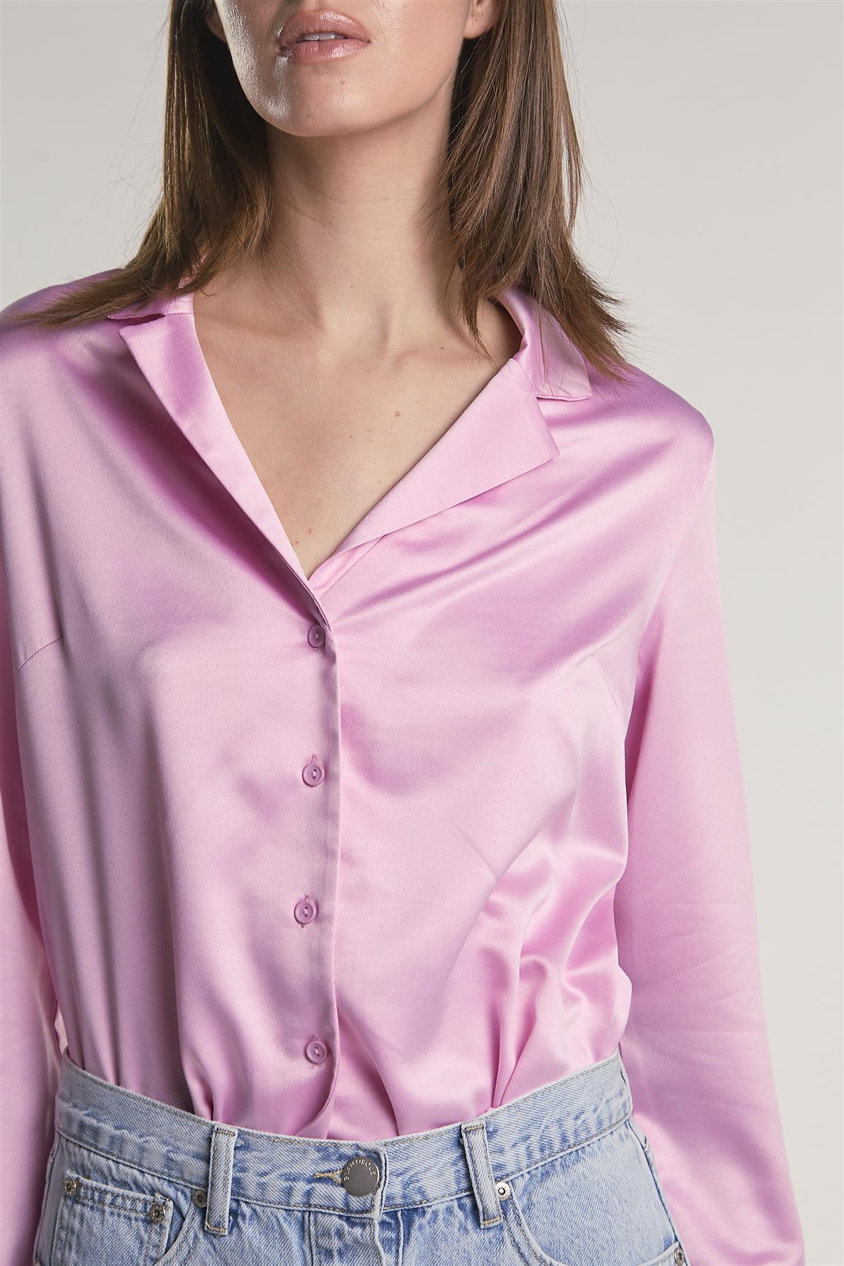 Pink-Sateen Button-Front Long Sleeve-Shirt